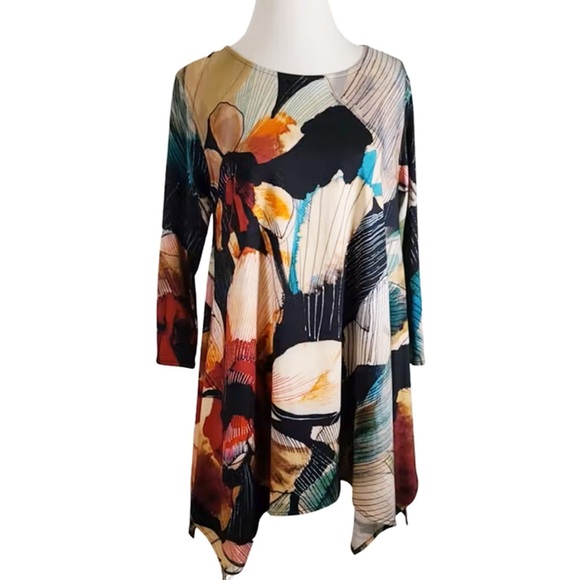 Caroline Rose Abstract Floral Art Print Luxury Swing Tunic Top  $285. Size MP - Picture 1 of 8